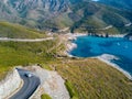 Aerial view of the coast of Corsica, winding roads and cove. Gulf of Aliso. France Royalty Free Stock Photo