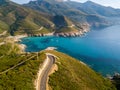 Aerial view of the coast of Corsica, winding roads and cove. Gulf of Aliso. France Royalty Free Stock Photo