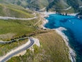 Aerial view of the coast of Corsica, winding roads and cove. Gulf of Aliso. France Royalty Free Stock Photo