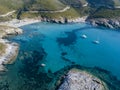 Aerial view of the coast of Corsica, winding roads and coves with crystalline sea. Gulf of Aliso. France Royalty Free Stock Photo