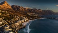 Aerial view of the coastal city and Clifton Beach in Cape Town, South Africa during sunset Royalty Free Stock Photo