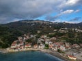 Aerial view of the coastal seaside village Loutraki and the port located in Glossa during winter period. Skopelos island Sporades