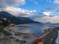 Aerial view of the coastal seaside village Loutraki and the port located in Glossa during winter period. Skopelos island Sporades