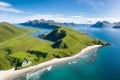 Aerial view of the coastline along Mukushin Bay, Unalaska island, Alaska, United States. made with