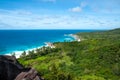 Aerial view of the coastline of Grand Anse and the Indian Ocean, La Digue Island, Seychelles Royalty Free Stock Photo