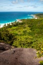 Aerial view of the coastline of Grand Anse and the Indian Ocean, La Digue Island, Seychelles Royalty Free Stock Photo