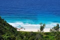 Aerial view of the coastline of Grand Anse and the Indian Ocean, La Digue Island, Seychelles Royalty Free Stock Photo