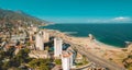 Aerial view of the coastline highway in Los Corales, Caraballeda, Venezuela. Drone view of La Guaira coast