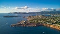 Aerial view coastline near Port Adriano, located just below the cliffs of the small neighborhood of El Toro, an area in the