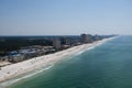 An aerial view of the coastline of Panama City Beach Florida laong the emerald green waters of the Gulf of Mexico