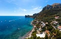 Aerial view of coastline of the village of Nerano. Private and wild beaches of Italy. Turquoise, blue surface of the water.