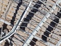 Aerial view of a coliseum with a collapsed metal structure and undergoing structural inspections Royalty Free Stock Photo