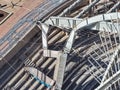 Aerial view of a coliseum with structural damage and concrete columns destroyed by a collapse Royalty Free Stock Photo