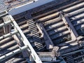Aerial view of a coliseum with structural damage and concrete columns destroyed by a collapse Royalty Free Stock Photo
