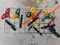 An aerial view of a collection of classroom scissors in a rack Royalty Free Stock Photo