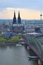 Cologne Cathedral and Hohenzollern Bridge aerial view at dusk, Germany Royalty Free Stock Photo