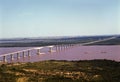 aerial view of the colon paisandu bridge over the paraguay river, argentina uruguay