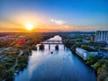 Aerial view of Colorado River during sunset in an urban area at Austin, Texas Royalty Free Stock Photo