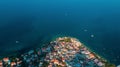 Aerial view of the colorful buildings of the coastal Stone Town in Zanzibar