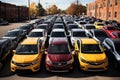 Aerial view of colorful cars parked in city parking lot, urban transportation scene