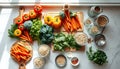 Overhead View of colorful healthy ingredients and vegetables on a marble surface with sunlight Royalty Free Stock Photo