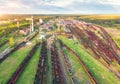 Aerial view of colorful freight trains. Railway station Royalty Free Stock Photo