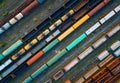 Aerial view of colorful freight trains