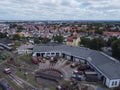 Aerial view of colorful freight trains on the railway station.