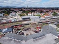 Aerial view of colorful freight trains on the railway station.