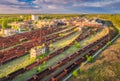 Aerial view of colorful freight trains. Railway station Royalty Free Stock Photo