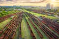 Aerial view of colorful freight trains. Railway station Royalty Free Stock Photo