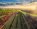 Aerial view of colorful freight trains. Railway station Royalty Free Stock Photo