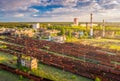 Aerial view of colorful freight trains. Railway station Royalty Free Stock Photo