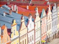 Aerial view of colorful gables and rooftops of renaissance houses in Telc, Czech Republic. UNESCO World Heritage Site