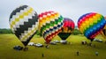 Aerial view of a colorful hot air balloons on a grassy field