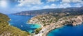 Aerial view of the colorful and idyllic fishing village of Assos on Kefalonia Royalty Free Stock Photo