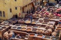 Aerial view of the colorful leather tanneries of Fez Morocco