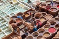 Aerial view of the colorful leather tanneries of Fez Morocco