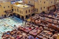 Aerial view of the colorful leather tanneries of Fez Morocco