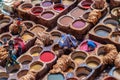 Aerial view of the colorful leather tanneries of Fez Morocco