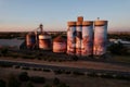 Aerial view of colorful murals painted on silos in a regional town Salt Lake, Australia.