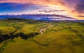 Aerial view of a colorful sunset above Fjadrargljufur canyon in Iceland
