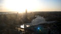 Aerial view of the colorful sunset over the Yekaterinburg, Russia. Shot. Embankment of the central pond and the historic Royalty Free Stock Photo