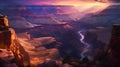 Aerial view of colourful canyon with pink, orange, violet colour layers and cinematic sun light. AI generated.