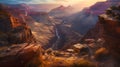 Aerial view of colourful canyon with pink, orange, violet colour layers and cinematic sun light. AI generated.