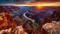 Aerial view of colourful canyon with pink, orange, violet colour layers and cinematic sun light. AI generated.