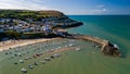 Aerial view of the colourful, picturesque seaside town of New Quay in West Wales