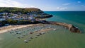 Aerial view of the colourful, picturesque seaside town of New Quay in West Wales
