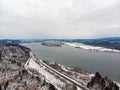 Aerial view at Columbia river from Vista Point on Columbia River Gorge on a winter day Royalty Free Stock Photo