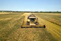 Aerial view of combine harvester harvesting large ripe wheat field. Agriculture from drone view Royalty Free Stock Photo